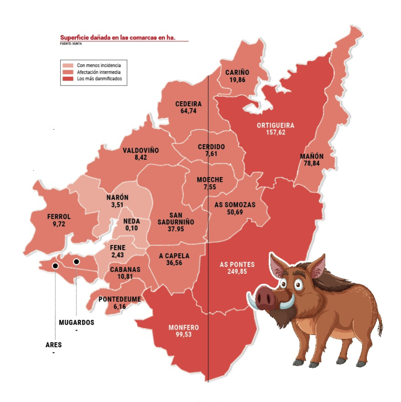 Mapa de la superficie dañada en las comarcas de Ferrolterra