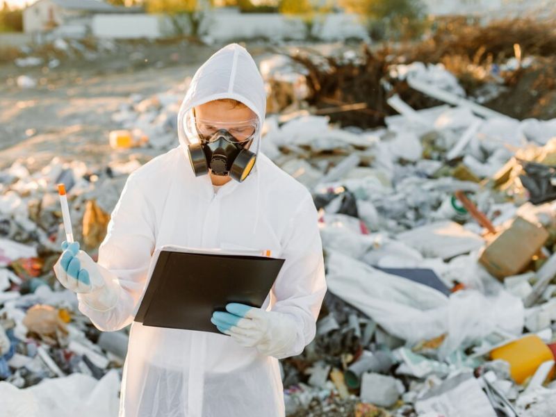 Hombre overoles pildora basura investigando concepto ecologia contaminacion ambiental 1157 48525