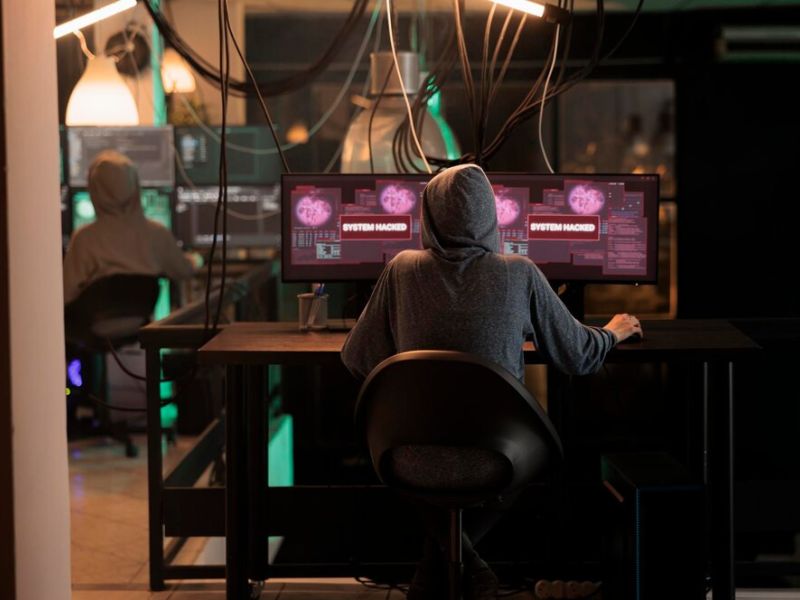 Joven ladron que trabaja piratear sistemas informaticos monitores multiples utilizando malware servidor plantar virus hacker peligroso haciendo phishing cometiendo ciberterrorismo robando contrasenas 482257 68986