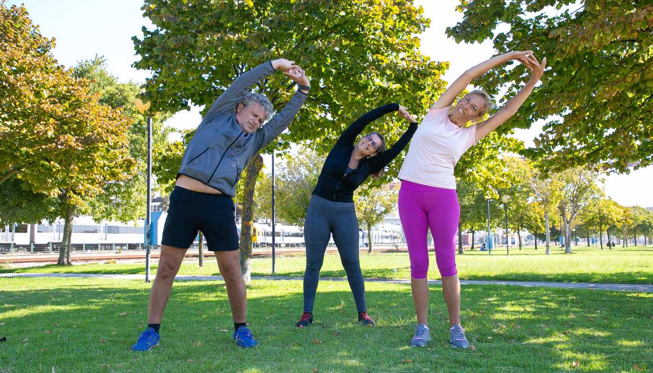 Personas maduras deportivas activas haciendo ejercicio matutino en el parque de pie sobre el cesped y doblando los troncos concepto de jubilacion o estilo de vida activo