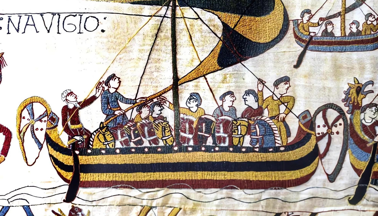 Imagen de nave vikinga en el tapiz de Bayeaux (Francia)